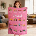 Coperta personalizzata per camion da cantiere con nome - Regalo di lancio per bambini in morbida flanella anti-pilling