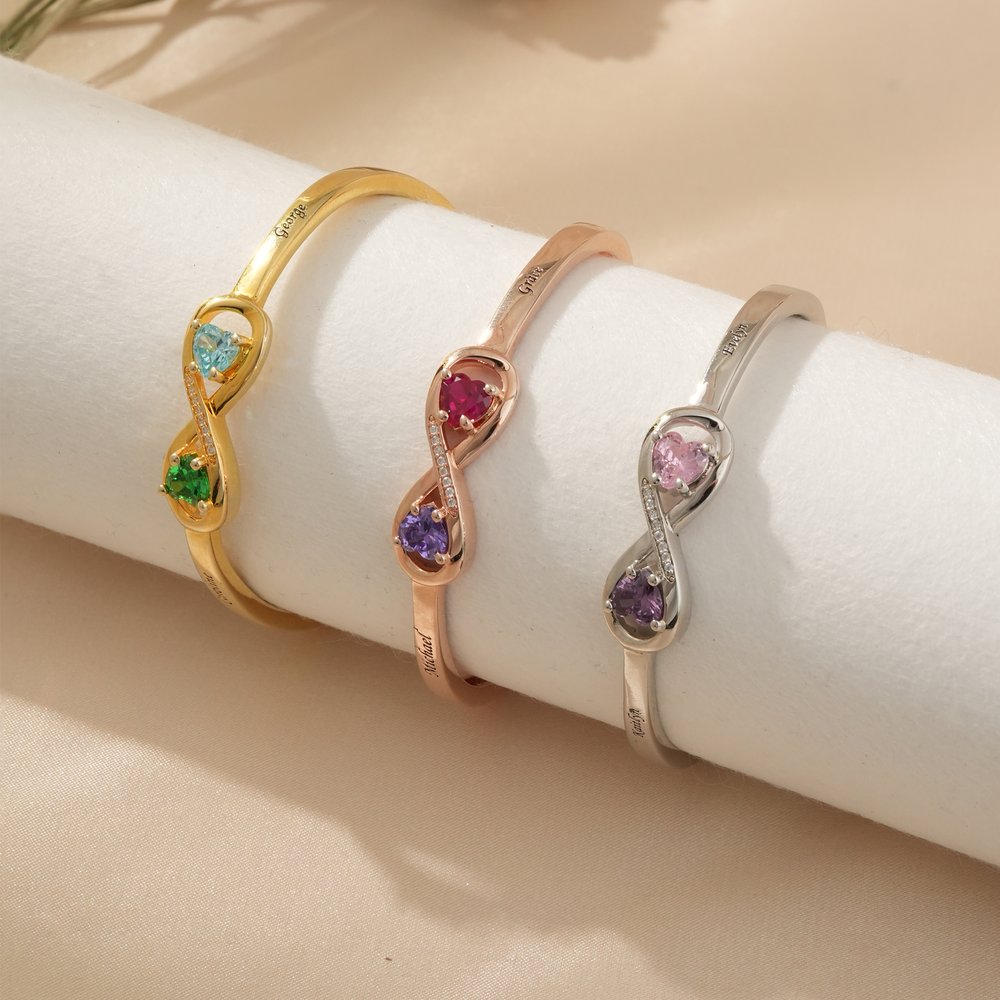 Personalized Sterling Silver Infinity Double Heart Birthstones Cuff Bracelet with Engraved Name Birthday Anniversary Valentine's Day Gift for Women 3