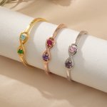 Personalised Sterling Silver Infinity Double Heart Birthstones Cuff Bracelet with Engraved Name Birthday Anniversary Valentine's Day Gift for Women