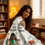 Personalised Birth Flower Cartoon Reading Girl Soft Throw Arctic Velvet Hooded Blanket with Name Birthday Gift for Librarians Book Lovers