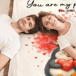 Spersonalizowany koc z frędzlami Love Heart Tree Cute Penguin Couple Tassel Soft Throw Blanket z imieniem i datą Home Decor Prezent na rocznicę ślubu dla pary