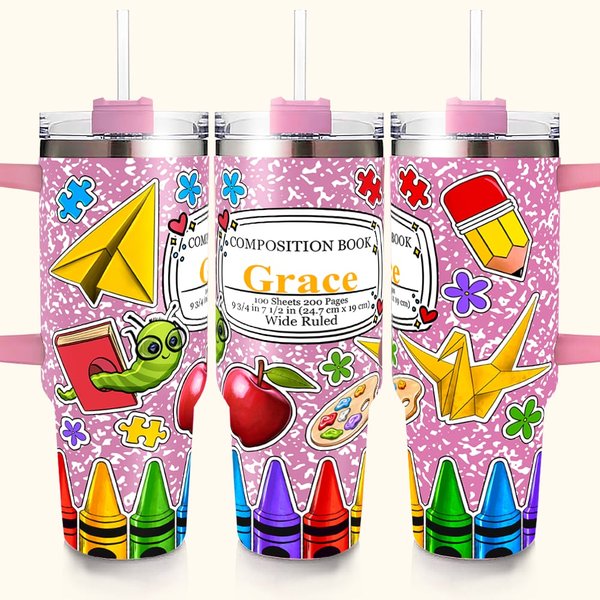 Gepersonaliseerde kleurrijke compositie boek Apple krijt 40oz geïsoleerde beker met naam en rietje terug naar school Waardering Gift voor leraar
