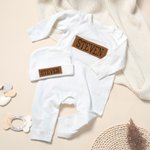 Personalised 100% Cotton Baby Boy Romper Hat with PU Leather Name Patch Baby Shower Birthday Gift for Newborn New Parent