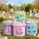 Personalised Cute Cartoon Character Peter Rabbit Initial Plaid Easter Basket with Name Easter Egg Hunt Easter Day Gift for Boys Girls
