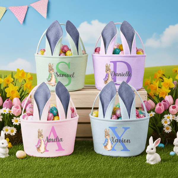 Panier de œufs Pâques personnalisé avec nom et motif lapin - Cadeau fête de Pâques pour les enfants