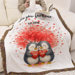Spersonalizowany koc z frędzlami Love Heart Tree Cute Penguin Couple Tassel Soft Throw Blanket z imieniem i datą Home Decor Prezent na rocznicę ślubu dla pary