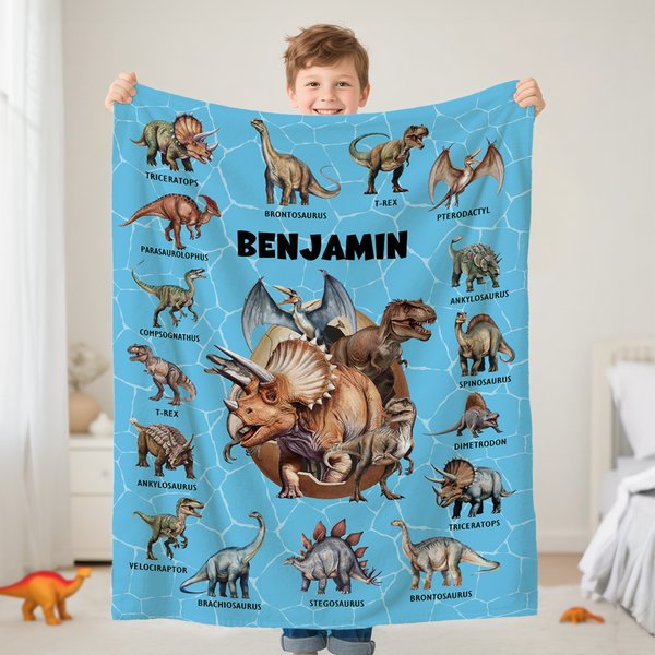 Couverture douce multicolore personnalisée avec nom et motif à thème dinosaure - Cadeau d'anniversaire pour enfants et amateurs de dinosaures