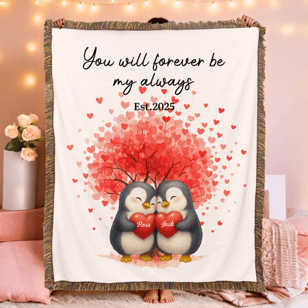 Personalisierte Liebe Herz Baum niedlichen Pinguin Paar Quaste weiche Decke mit Namen und Datum Home Decor Hochzeit Jahrestag Geschenk für Paar