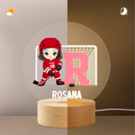 Personalisierte niedlichen Cartoon Eishockeyspieler LED-Nachtlicht mit Namen Nummer und hölzerne Basis Home Decor Geburtstagsgeschenk für Hockeyspieler Liebhaber