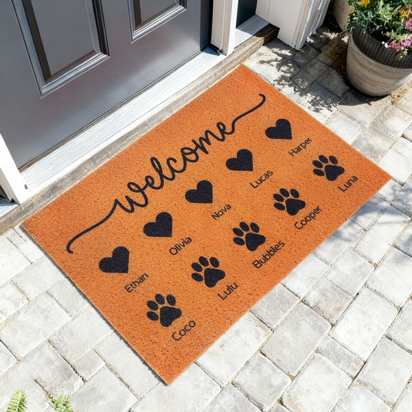Zerbino antiscivolo personalizzato con nome Welcome Heart Dog Paw Print Regalo di compleanno per i proprietari di cani