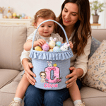 Personalised Cute Cartoon Character Peter Rabbit Initial Plaid Easter Basket with Name Easter Egg Hunt Easter Day Gift for Boys Girls