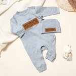 Personalised 100% Cotton Baby Boy Romper Hat with PU Leather Name Patch Baby Shower Birthday Gift for Newborn New Parent