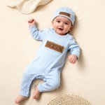 Personalised 100% Cotton Baby Boy Romper Hat with PU Leather Name Patch Baby Shower Birthday Gift for Newborn New Parent