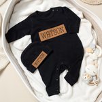 Personalised 100% Cotton Baby Boy Romper Hat with PU Leather Name Patch Baby Shower Birthday Gift for Newborn New Parent
