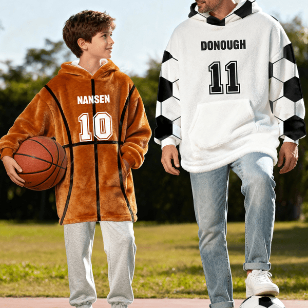 Personalised Sports Theme Oversized Flannel Blanket Hoodie with Name and Number Daily Wear Birthday Gift for Family Friends Kids