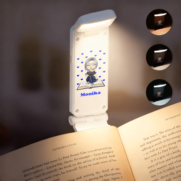 Personalised Cartoon Reading Character Heart Star Note LED Rechargeable Light Clip with Name Birthday Gift for Book Lovers Bookworms