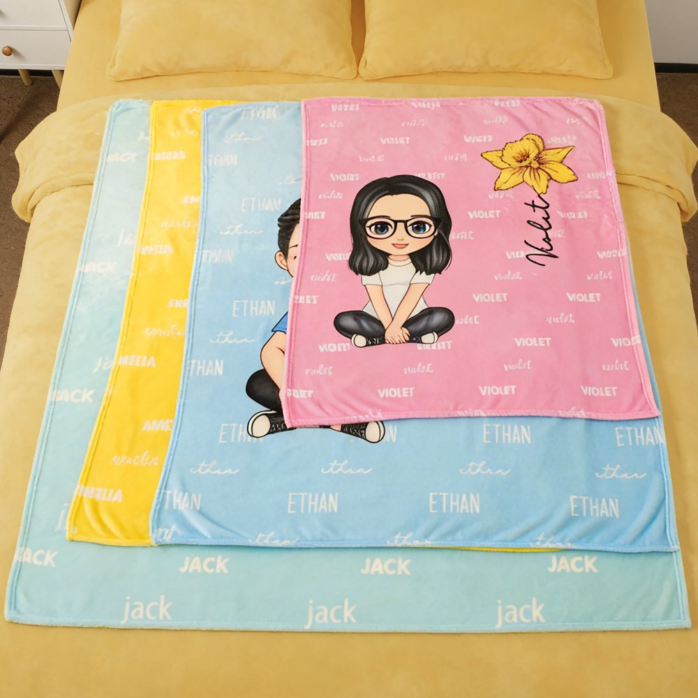 Personalized Multicolor Cute Cartoon Birth Flower Soft Throw Blanket with Name Birthday Christmas Gift for Boys Girls 3