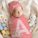 Set di coperte e cappelli personalizzati Peter Rabbit, in cotone al 100%, con nome e iniziali, regalo di compleanno per neonati, festa di Pasqua, ecc.