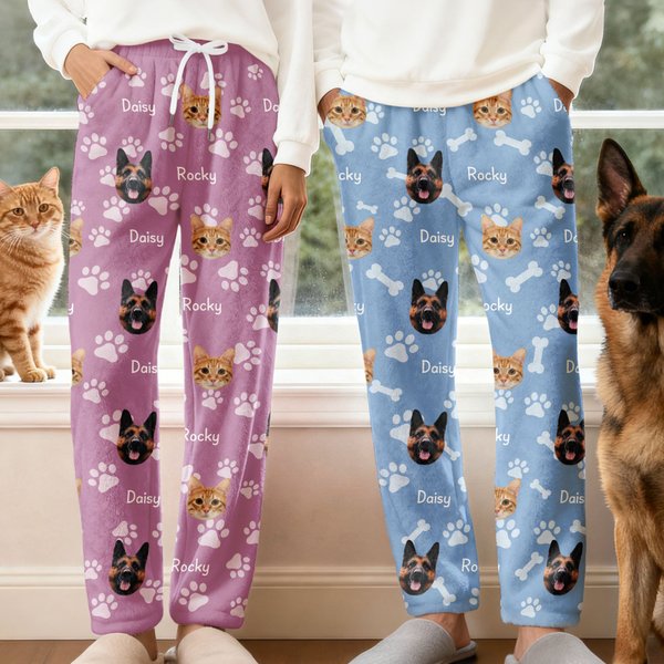 Personalized Paw Print Multicolour Women Men Flannel Pajama Pants with 1-3 Photos and Names Party Birthday Gift for Pet Lovers Owners