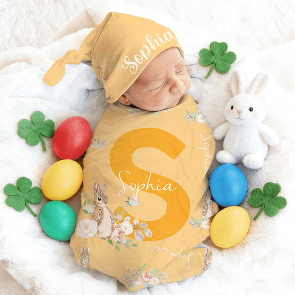Personalized Cute Peter Rabbit 100% Cotton Swaddle Blanket and Hat Set with Name and Initial Birthday Baby Shower Easter Gift for Newborns Babies