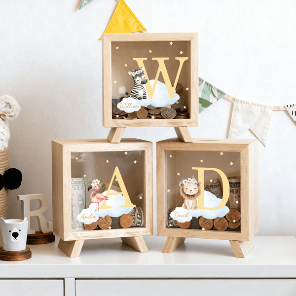 Personalizzato Stelle Nuvola Animale carino Salvadanaio in legno trasparente con nome e iniziali Compleanno Regalo per la festa dei bambini per ragazzi Ragazze