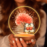 Spersonalizowana lampka nocna LED Love Tree Penguin Couple z imieniem, datą i drewnianą podstawą do dekoracji domu Walentynkowy prezent urodzinowy dla par