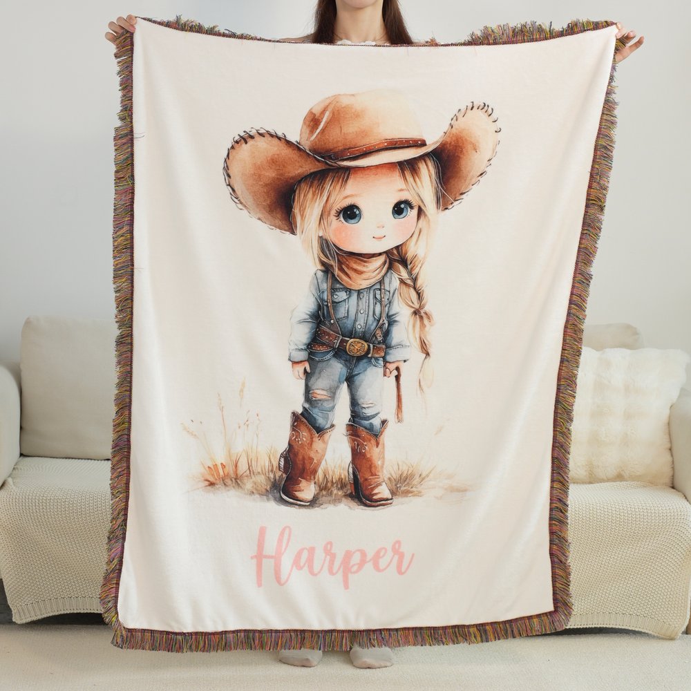 Personalised Cartoon Cowboy Cowgirl Tassel Soft Throw Blanket with Name Home Decor Birthday Gift for Kids Cowboy Lovers 3