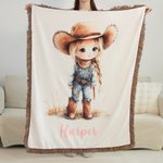 Personalised Cartoon Cowboy Cowgirl Tassel Soft Throw Blanket with Name Home Decor Birthday Gift for Kids Cowboy Lovers