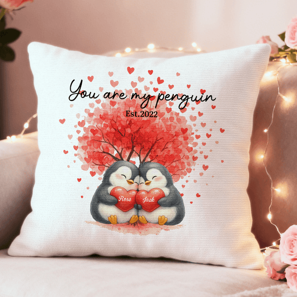 Personalised Love Tree Penguin Couple Soft Cushion Cover with Names and Date Wedding Anniversary Gift for Couples