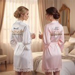 Personalized Birth Flower Satin Lace Trim Robe with Name and Date Bachelorette Party Bridesmaid Wedding Gift for Her