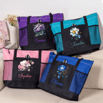 Personalized Birth Flower Gemstone Large Tote Bag with Name and Mesh Pockets Daily Use Travel Birthday Gift for Women