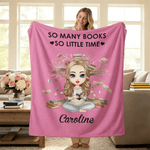 Personalized Cartoon Reading Character Soft Throw Blanket with Name Daily Birthday Gift for Kids Women Reading Lovers