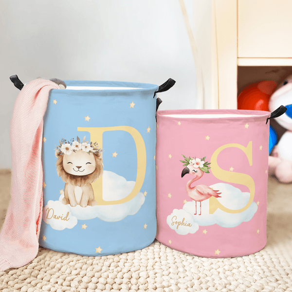 Personalised Wreath Animals Star Initial Waterproof Laundry Storage Basket with Name and Handle Birthday Housewarming Gift for Kids