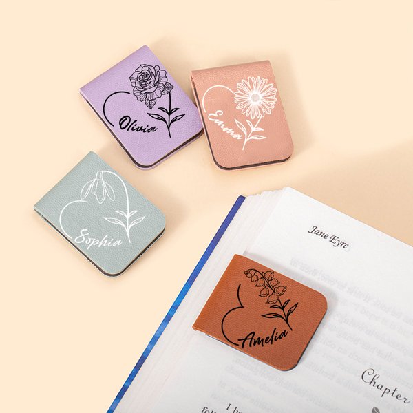 Personalized Birth Flower Magnetic PU Leather Bookmark Clip with Name Daily Use Birthday Gift for Book Lovers Bookworms