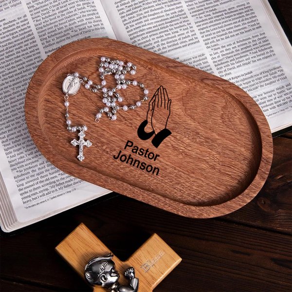 Personalized Praying Hands Wooden Rosary Tray with Name Sacrament First Communion Baptism Gift for Christians