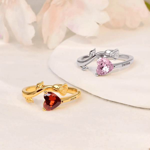Personalized Birthstone Rose Heart Sterling Silver Ring with Engraved Text Dainty Jewellery Mother's Day Birthday Anniversary Gift for Women