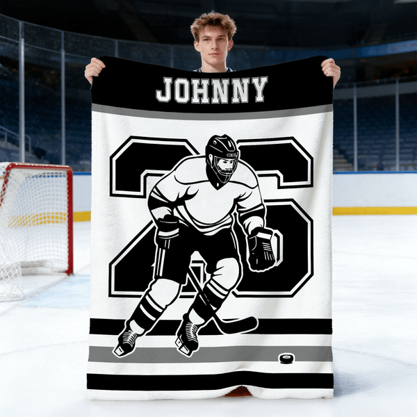 Personalized Ice Hockey Player Silhouette Soft Throw Blanket with Name and Number Home Decor Birthday Game Gift for Ice Hockey Players Lovers