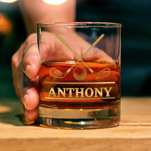 Personalized Cross Golf Clubs Golf Ball 10 oz  Old Fashioned Rock Whiskey Glass with Name Father's Day Birthday Gift for Men
