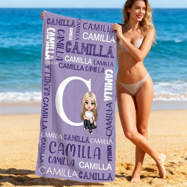 Personalisiertes Namen-Wortwolke Strandtuch mit Cartoon-Figur | schnelltrocknend | Badetuch | Reisezubehör | Sommerurlaub Geschenk für Familie Freunde