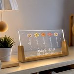 Gepersonaliseerde Geboortebloemen Rechthoekige Acryl LED-nachtlamp met Houten Voet en 1–12 Namen Moederdagcadeau voor Mama en Oma