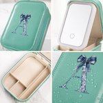 Personalised Toile De Jouy Bow Initial PU Leather Jewellery Box with Adjustable Three-Colour LED Mirror Birthday Gift for Women