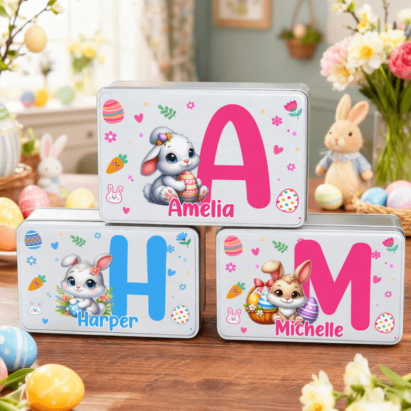 Huevos de Pascua personalizados del conejito de la historieta Caja del almacenaje de la lata del metal de la galleta del grado alimenticio con el regalo del día de fiesta de Pascua del nombre para los