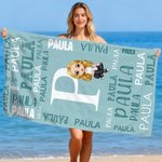 Personalisiertes Namen-Wortwolke Strandtuch mit Cartoon-Figur | schnelltrocknend | Badetuch | Reisezubehör | Sommerurlaub Geschenk für Familie Freunde