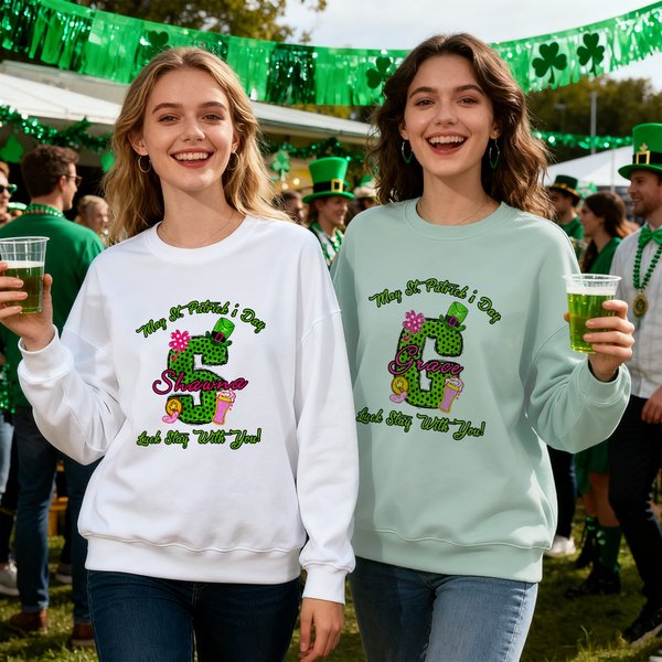 Personalised Lucky Shamrock Beer Glass Polka Dots Initial T-shirt Sweatshirt with Name Pub Patty Essential Saint Patrick's Day Gift for Family Kids