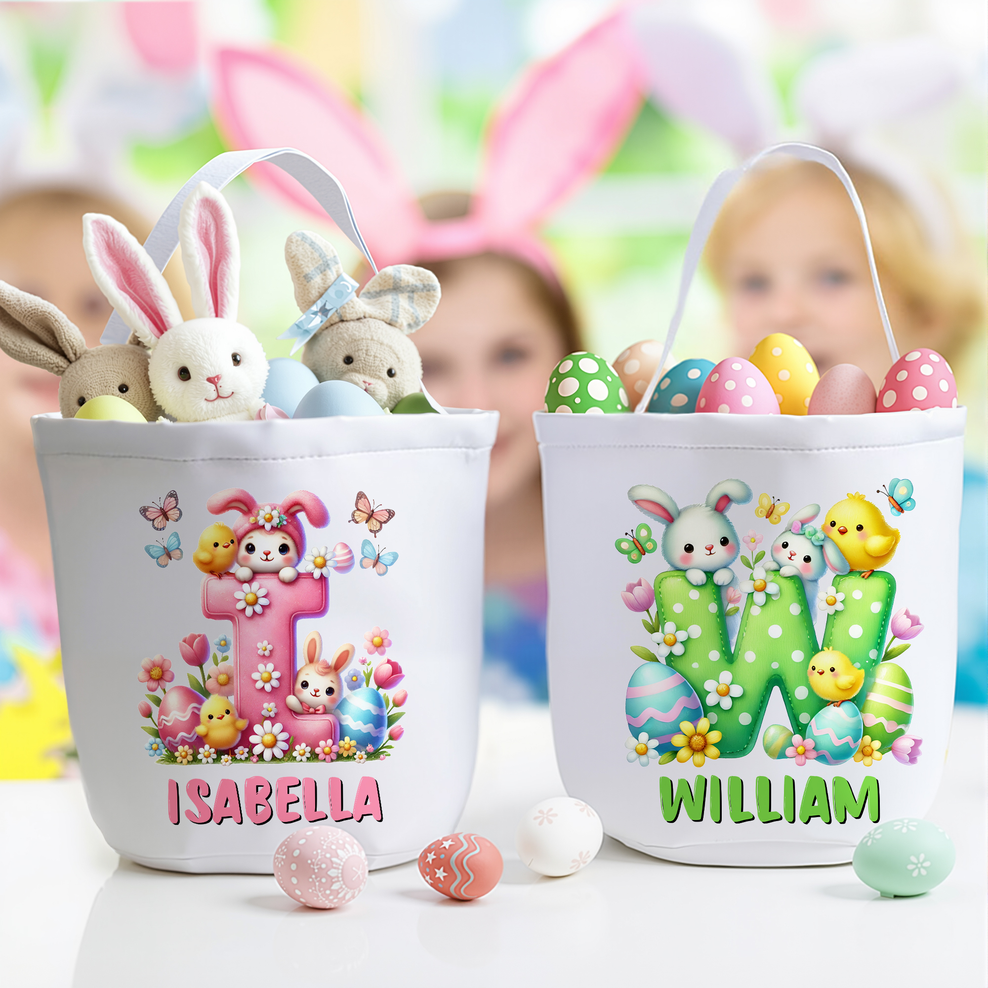 Personalisierte Cartoon Bunny Ostereier große Kapazität Leinwand Osterkorb mit Namen und Initialen Eier Jagd Party Ostergeschenk für Kinder