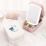 Personalised Toile De Jouy Bow Initial PU Leather Jewellery Box with Adjustable Three-Colour LED Mirror Birthday Gift for Women