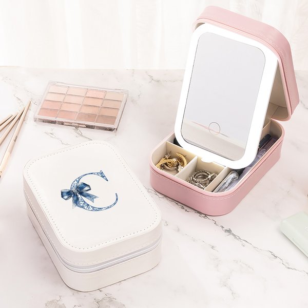 Personalised Toile De Jouy Bow Initial PU Leather Jewellery Box with Adjustable Three-Colour LED Mirror Birthday Gift for Women