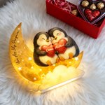 Personalized Penguin Couple Heart Star Moon Acrylic LED Night Light with Name and Text Home Decor Birthday Valentine's Day Gift for Couple