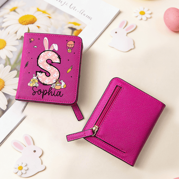 Portafoglio personalizzato in pelle PU con nome e orecchie di coniglio pasquale, regalo di Pasqua per ragazze