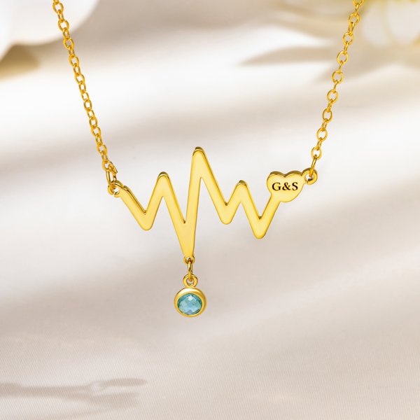 Collana personalizzata di pietre di nascita del cuore dell'elettrocardiogramma con monogramma Regalo di compleanno e anniversario di gioielli raffinati per le donne